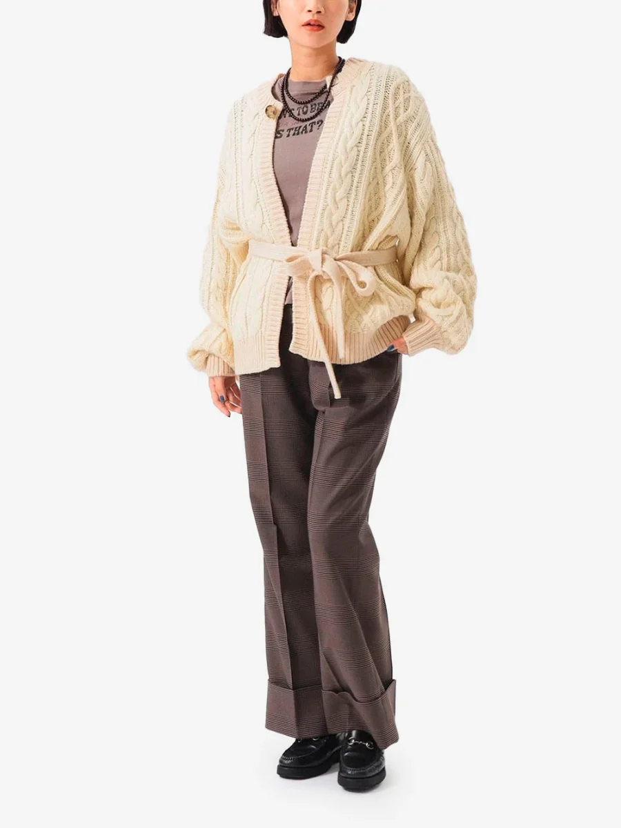 Cardigan Aran 3 gauge 2 tone avorio con cintura - immagine 3