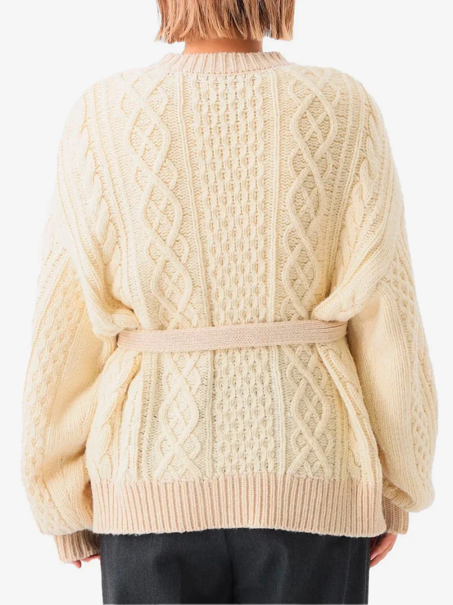 Cardigan Aran 3 gauge 2 tone avorio con cintura - immagine 5