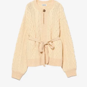 Cardigan Aran 3 gauge 2 tone avorio con cintura