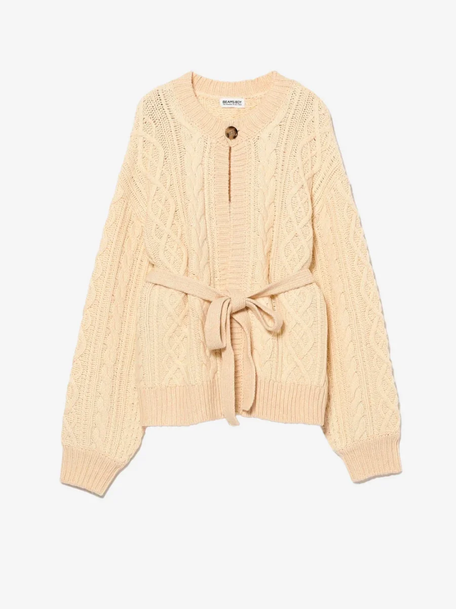 Cardigan Aran 3 gauge 2 tone avorio con cintura