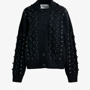 Cardigan nero in misto lana a trecce con decorazioni in strass