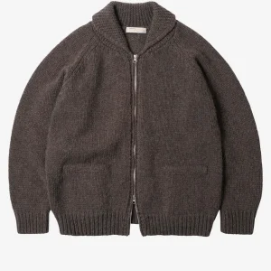 Cardigan Cowichan in misto lana marrone fango con zip