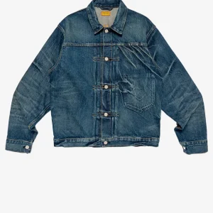 Denim Work Jacket distressed con cuciture a catenella
