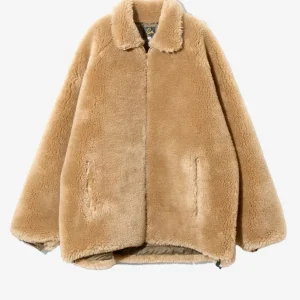 Giacca beige in pelliccia sintetica con Collo Alto