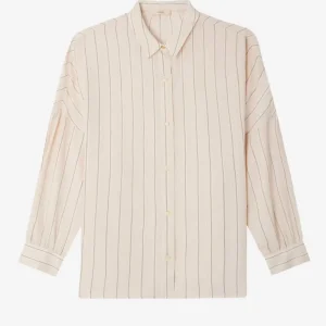 Camicia a righe nere in viscosa con arricciature e bottone gioiello