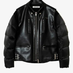 Giacca biker in pelle sintetica con maniche imbottite in piuma