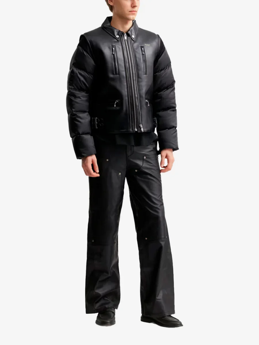 Giacca biker in pelle sintetica con maniche imbottite in piuma - immagine 3