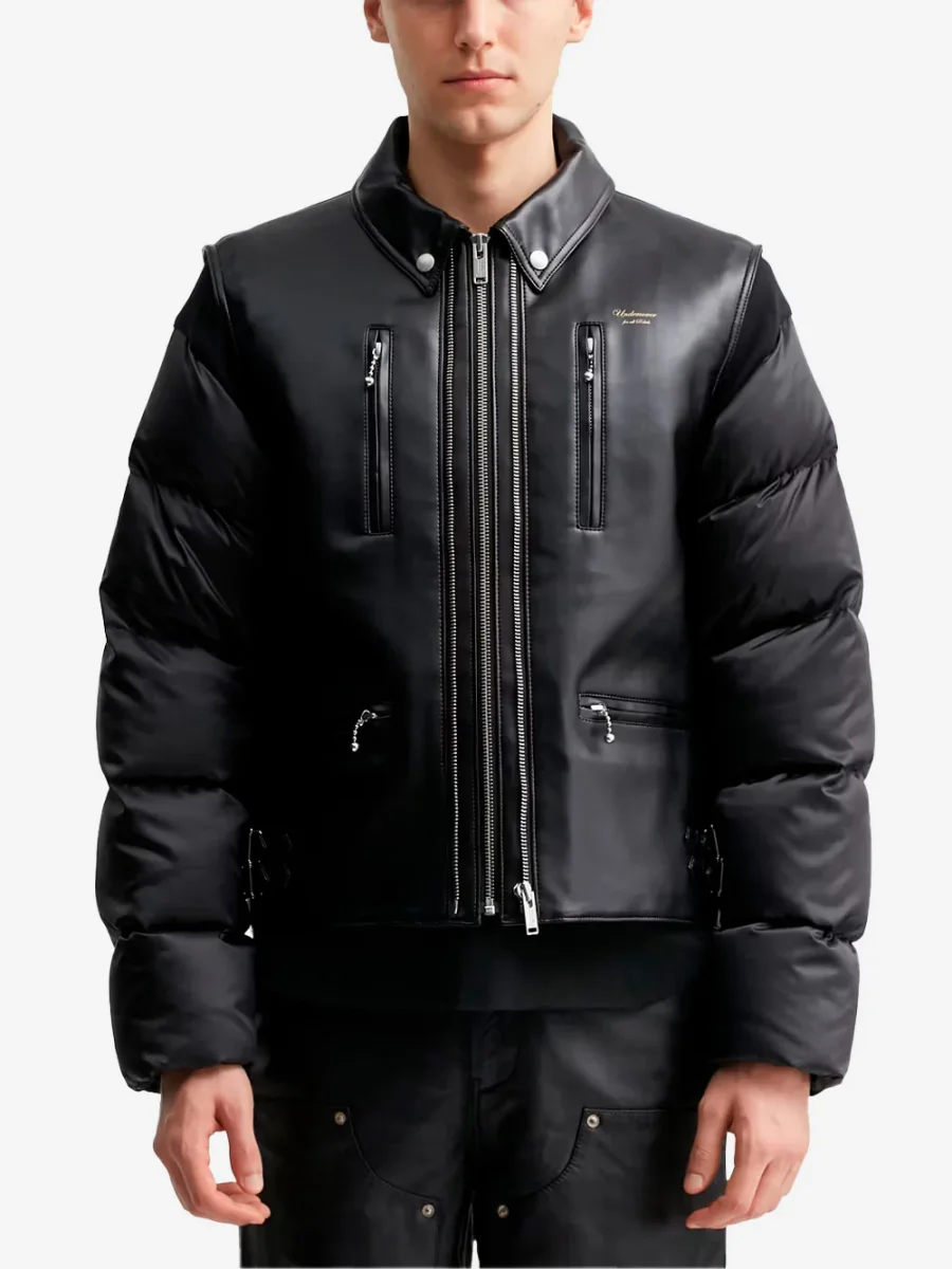 Giacca biker in pelle sintetica con maniche imbottite in piuma - immagine 4