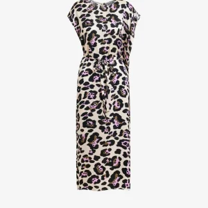 Abito midi con stampa leopardata color avorio, viola e nero e dettagli con volant