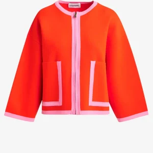 Cardigan arancione e rosa con zip e bordi a contrasto