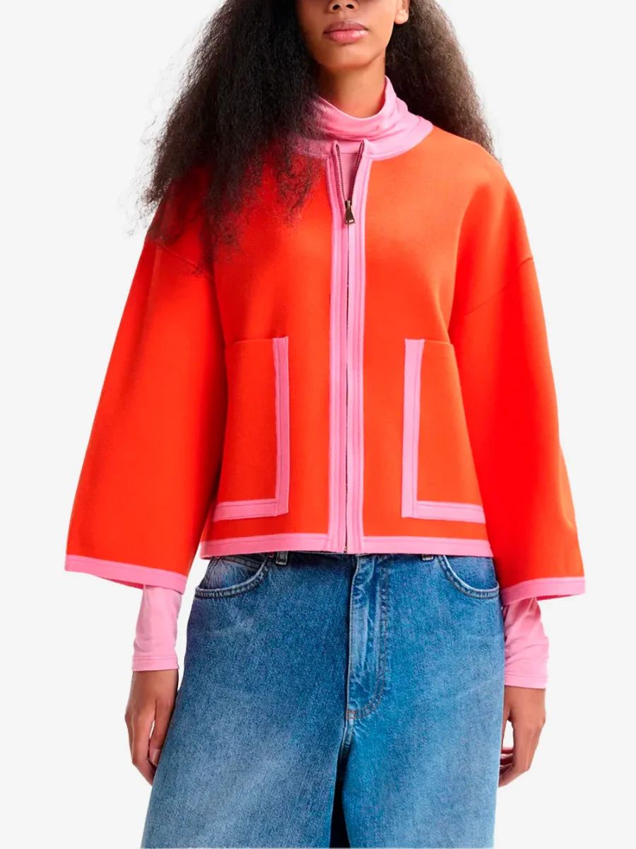Cardigan arancione e rosa con zip e bordi a contrasto - immagine 4