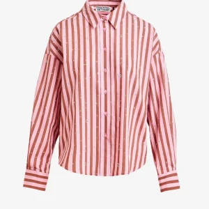 Camicia a righe in misto cotone marrone e rosa con decorazioni in strass