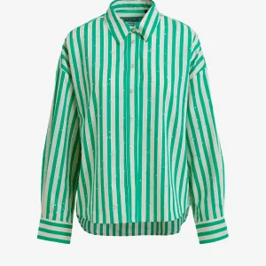 Camicia a righe in misto cotone crema e verde con decorazioni in strass