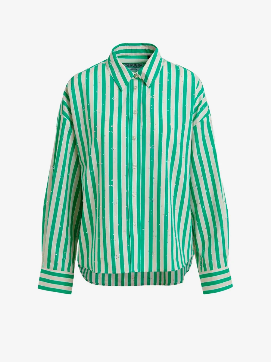 Camicia a righe in misto cotone crema e verde con decorazioni in strass - immagine 2