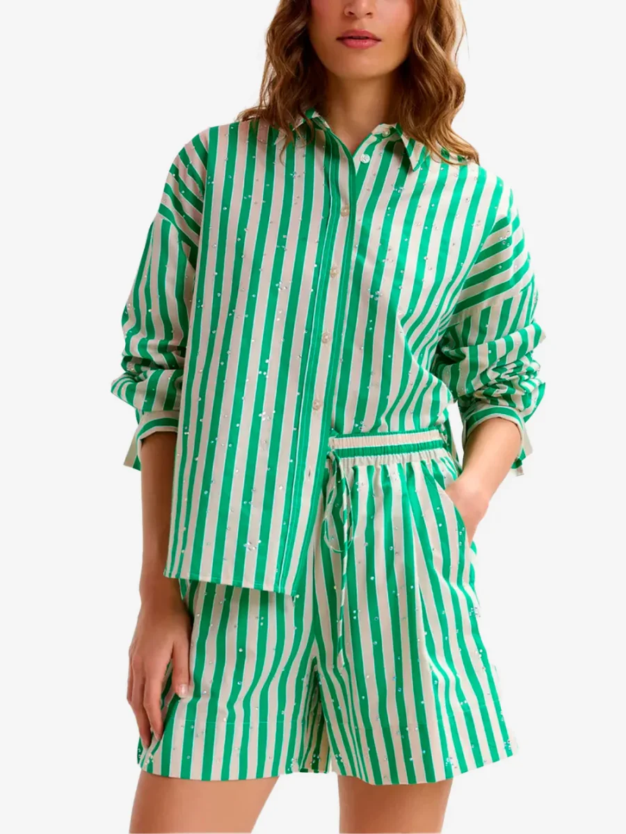 Camicia a righe in misto cotone crema e verde con decorazioni in strass - immagine 4
