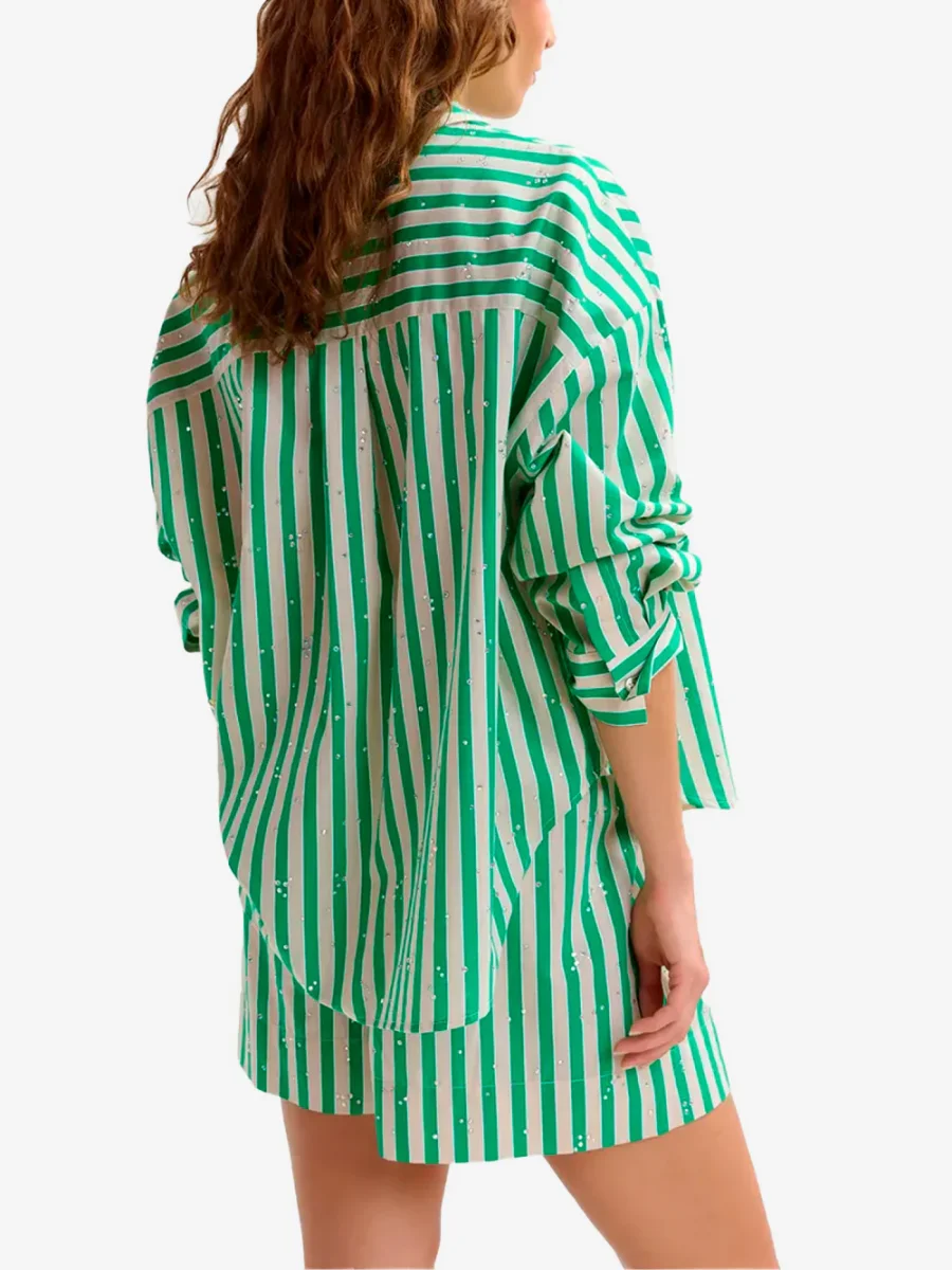 Camicia a righe in misto cotone crema e verde con decorazioni in strass - immagine 5